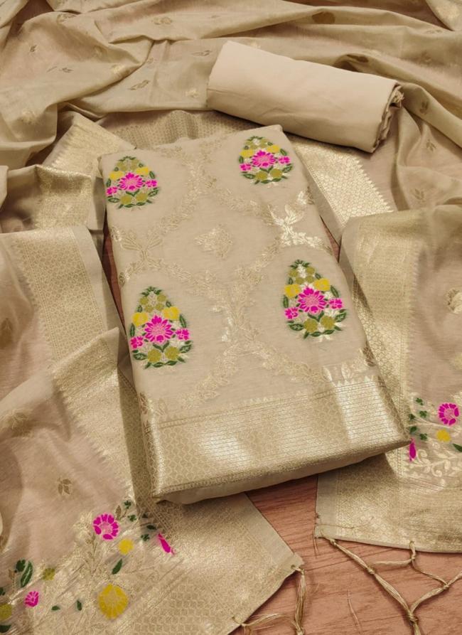 Chanderi Banarasi Beige Traditional Wear Weaving Dress Material